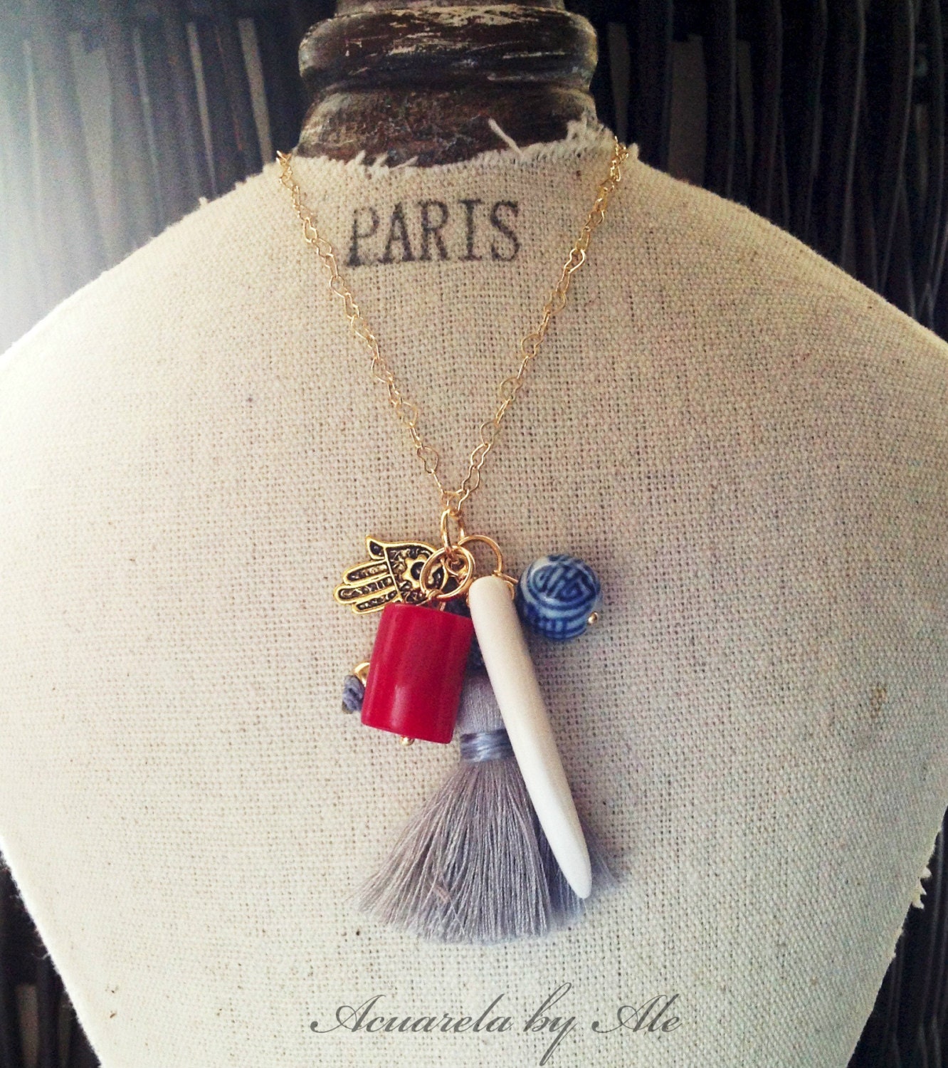 Tassel necklace. Horn necklace. Heart necklace. Acuarela.