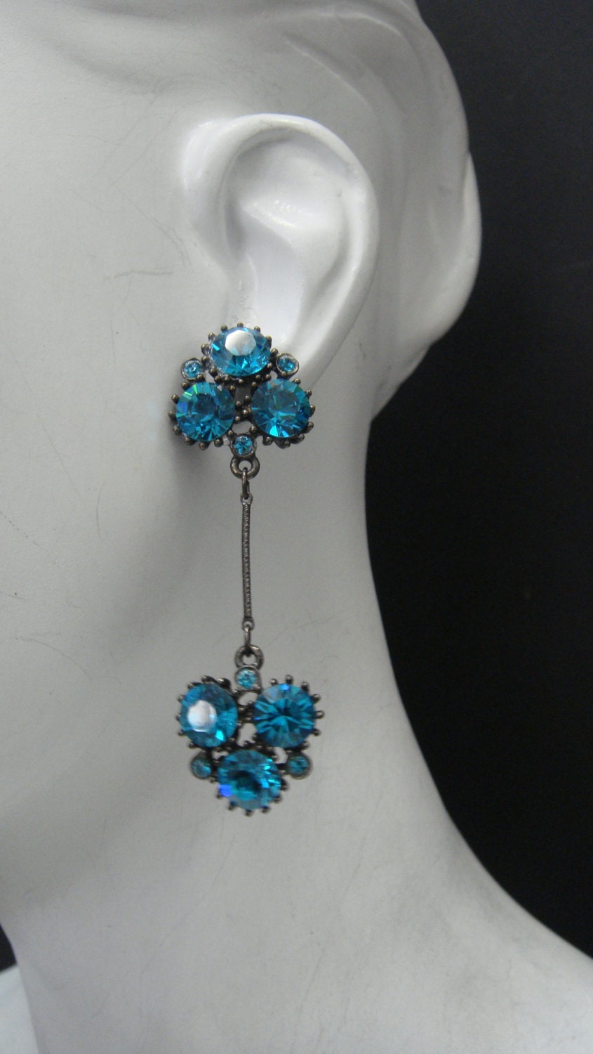 Cluster stick dangle earrings As seen on Kristin Bauer as Pam on True Blood  made with  Blue Zircon(dark aqua) Swarovski Crystals