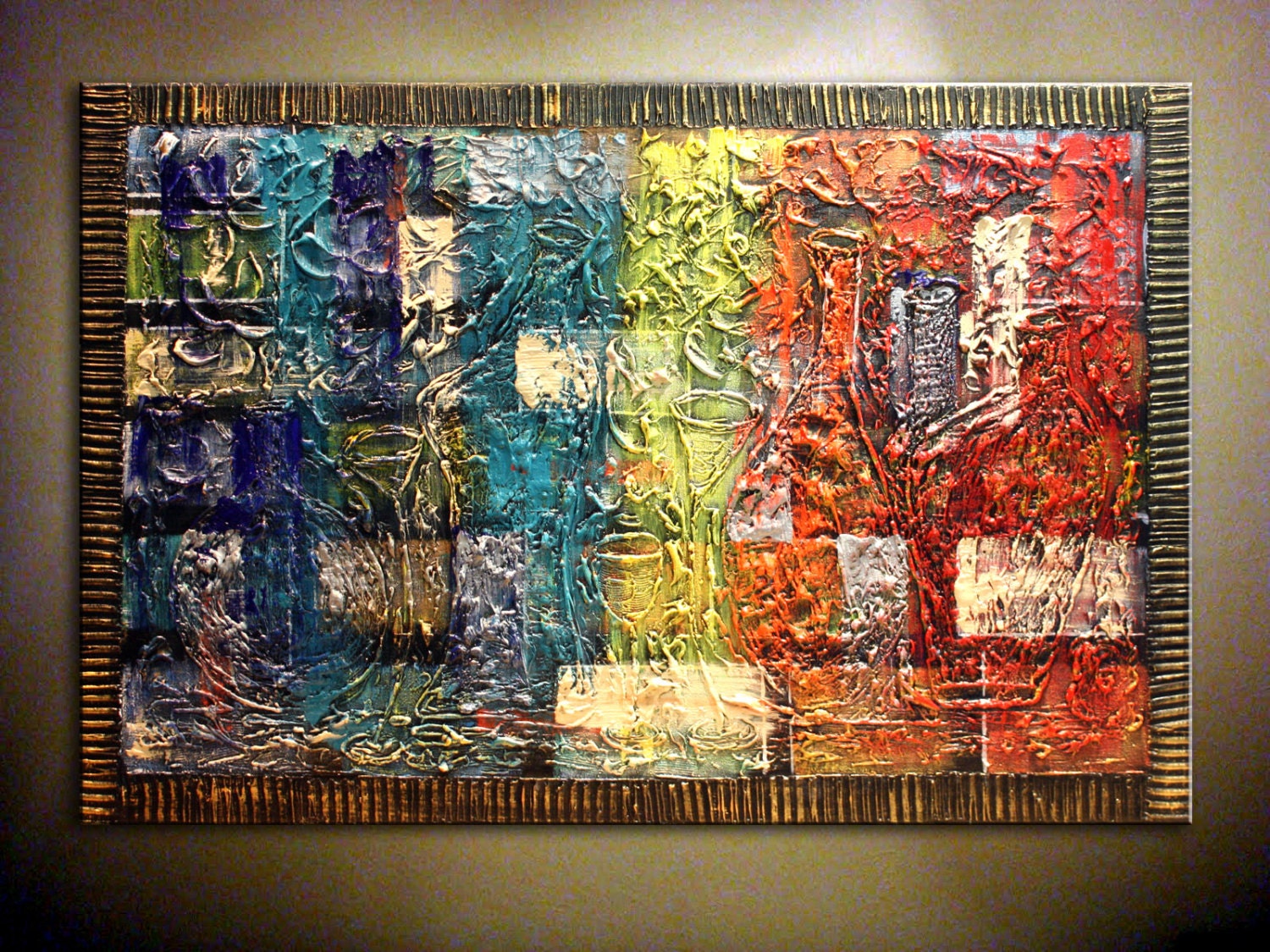 Original Modern Abstract Large Heavy Textured Art Painting.Palette Knife.Sculptured Frame.36"x24" Ready to hang...- by Nata S.