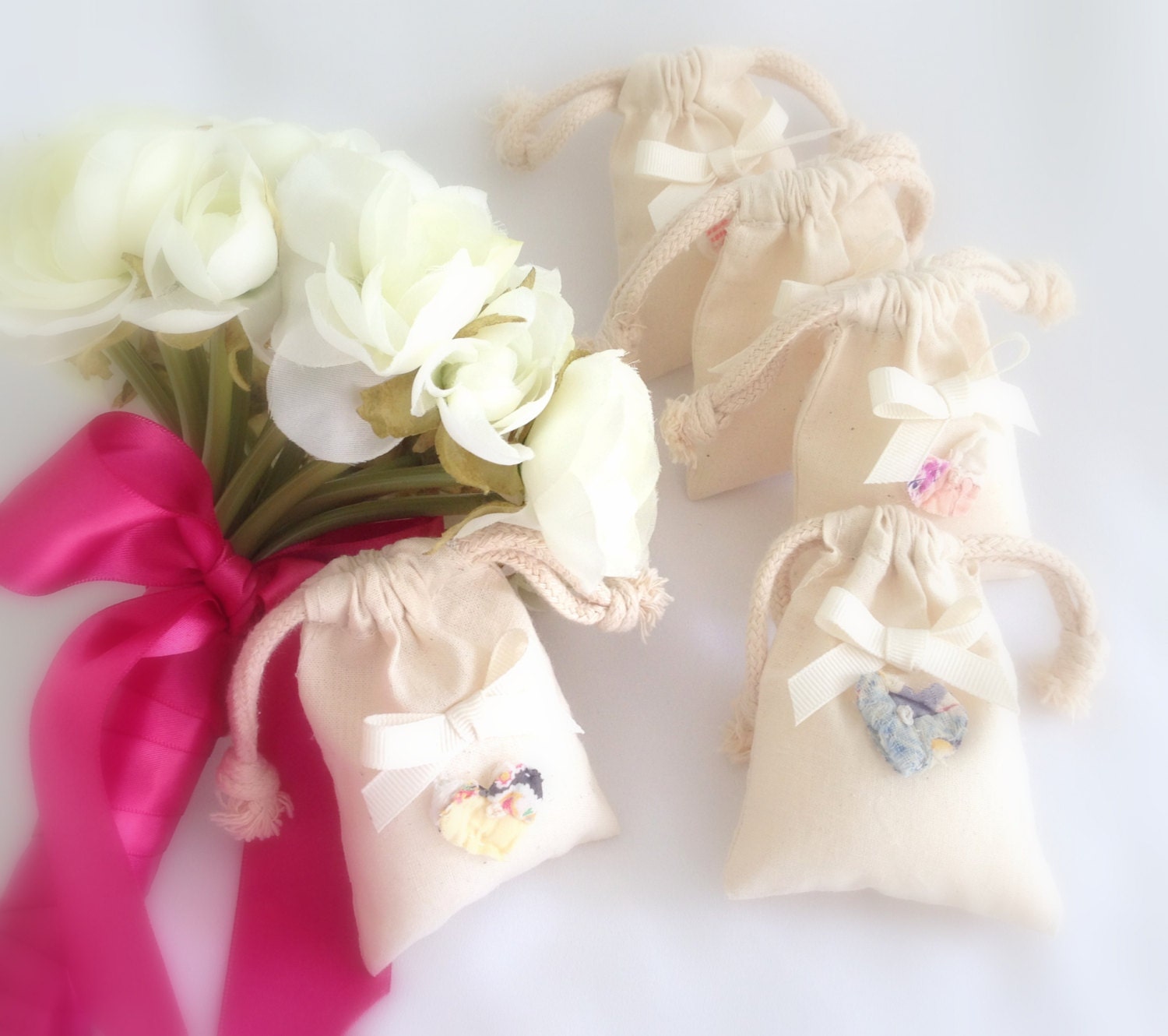 Muslin Favor Bags, Wedding, Vintage Quilt Hearts, Homespun, Rustic , Country Theme, Party, Celebration