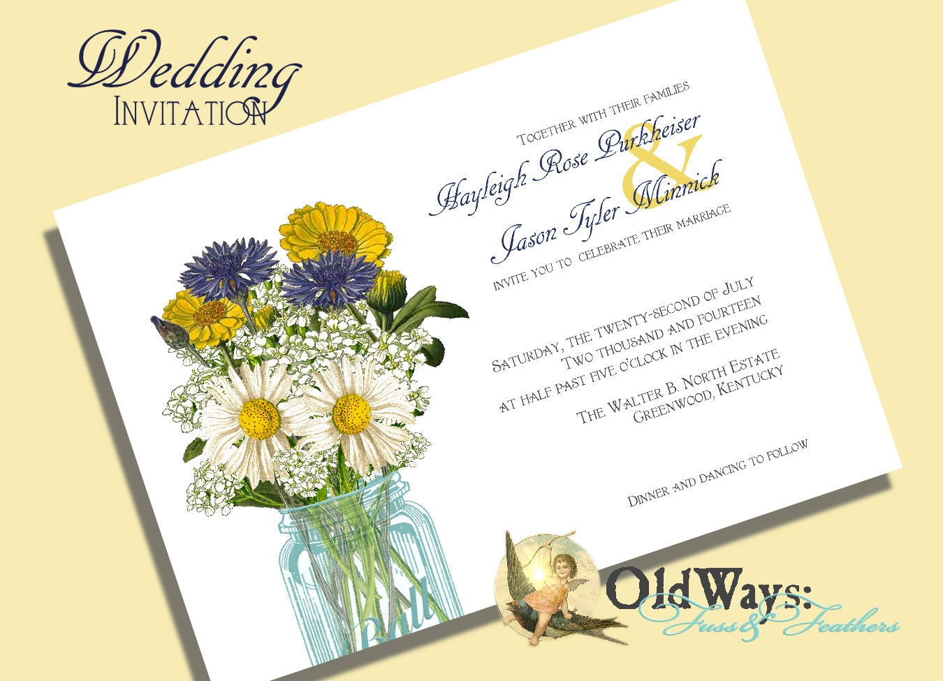 Mason Jar and Wildflowers Wedding Invitation Blue and Yellow DIY Printable - Custom Invite 5x7 Digital JPEG and PDF Files