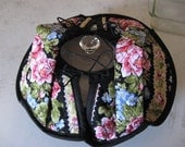 Casserole Carrier Round Double Sided Quilted Fabric Rose, Yellow, Blue Floral Print on Black Kitchen Accessories