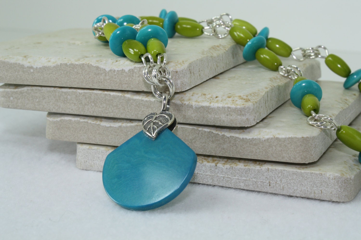 Turquoise and Green Tagua Nut Sterling Silver Necklace