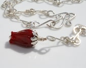 Mother's Day, Wedding, Valentine's Day Sterling Silver Chain Necklace with Red Glass Flower Pendant