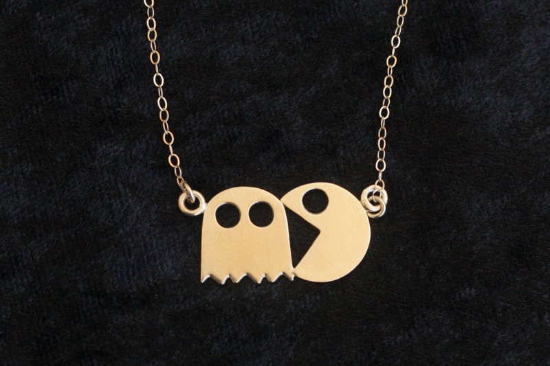 Pacman Necklace, Gold Pac man Charm, Computer Game, Geekery Jewelry, 80's- Ready to Ship