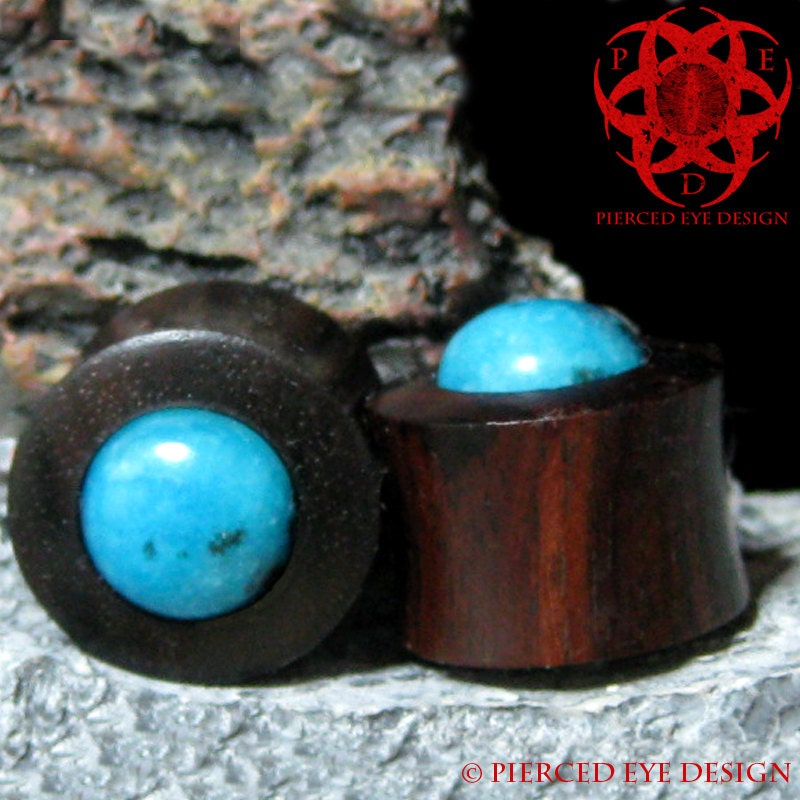 Sono Wood Ear Plugs Turquoise Jasper Inlay 5/8 Gauges Piercing