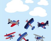 Kids childrens vinyl wall decal Vintage AirPlanes set of 6 and 4 clouds Great for boy nursery