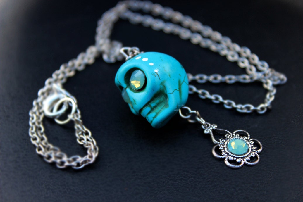 Blue Jewel Eyed Skull Necklace