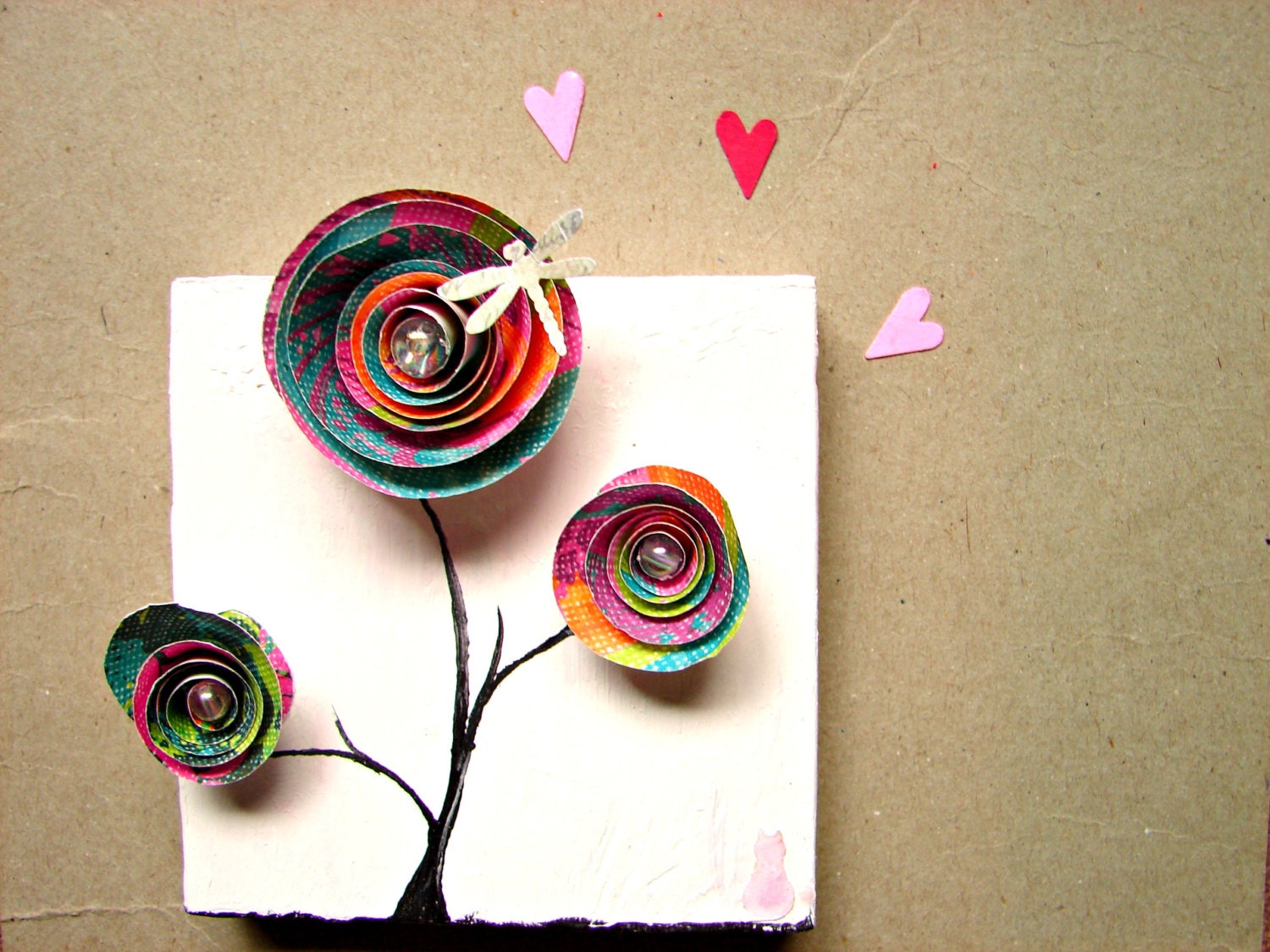 Graduation Gift, Home Decor, Office Decor-Bright Bold Color-Paper Rosette with Kitty Cat and Dragonfly on Upcycled Wood  OOAK