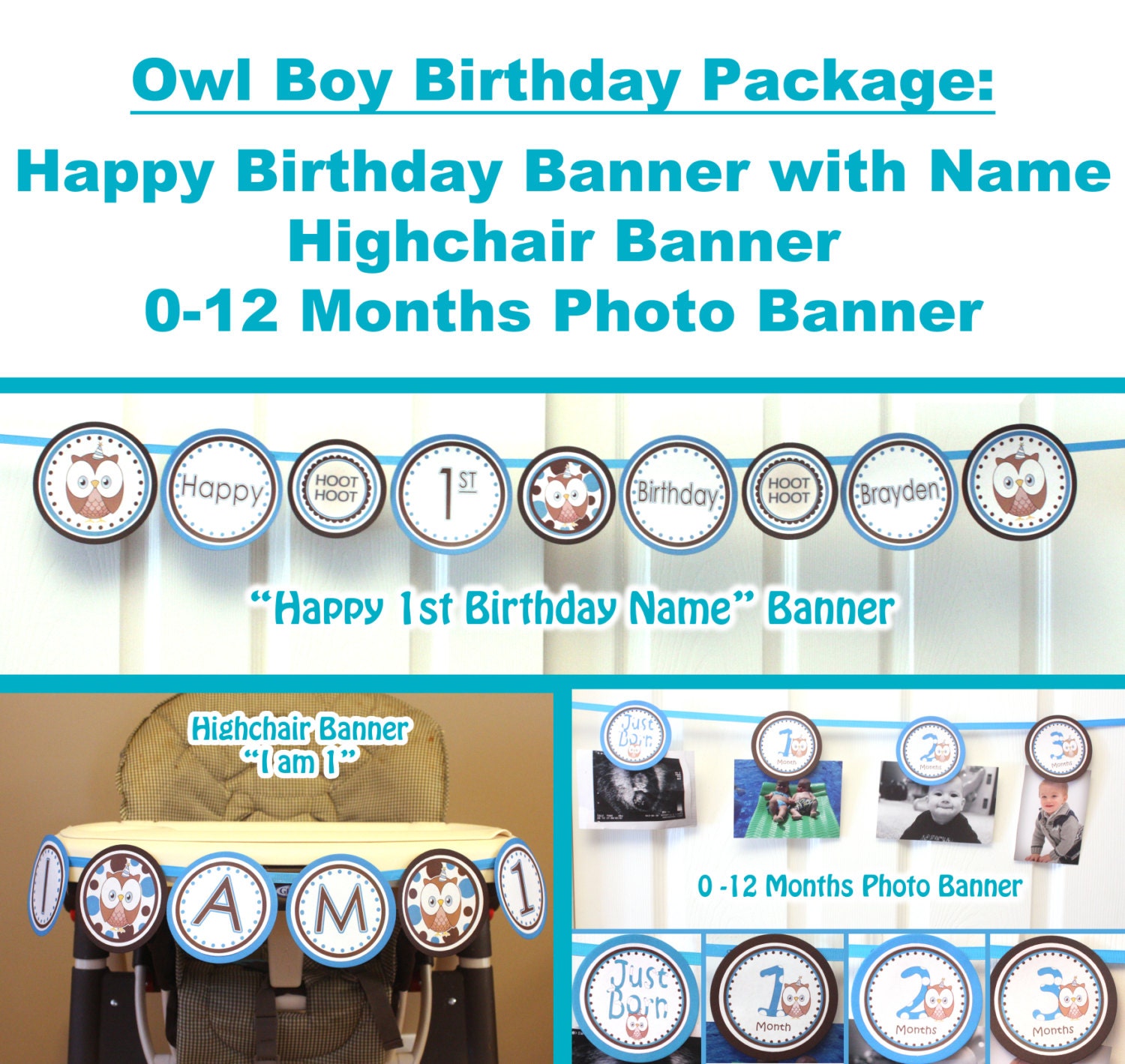 Owl Birthday Party Package Boy Look Whoos turning 1 Owl Boy Birthday  - 1st birthday party Boy Owl (3 banners included)