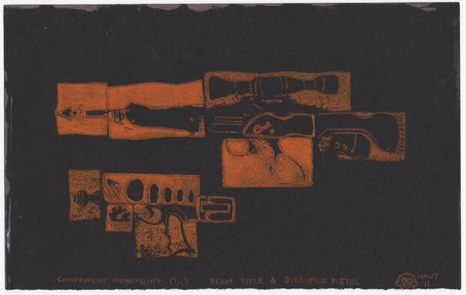 Beam Rifle and Disruptor Pistol - Linocut Monoprint,   Futuristic Space Weapon Designs - 1 of 1