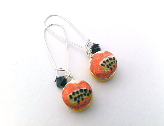 Kimono Droplet Earrings, Poppy Flower, Coral, Yellow, Silk, Sterling Silver