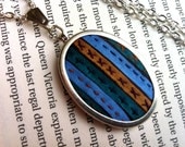 Silk Ribbon Striped Necklace - Brown and Blue Pendant - by BeanTown Embroidery