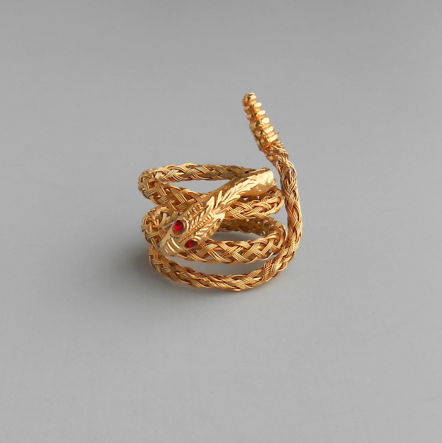 Victorian Revival Snake Ring. Woven Braid. Red Eyes. 1960s or 70s.