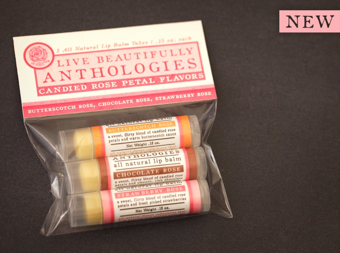 Candied Rose Petals Lip Balm Set - All Natural - Live Beautifully Lip Balm Anthologies - 3 Flavors