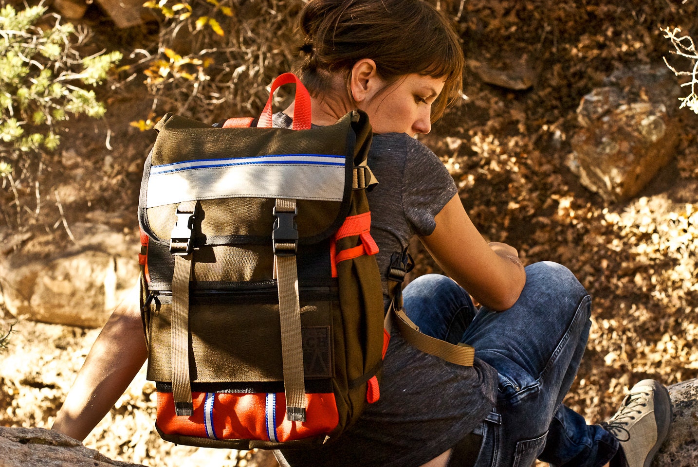 Medium Fold-top Backpack -- brown & orange -- made to order.