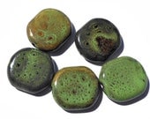 5 Bead Set Green, Honey Brown, Black Porcelain Flat Semi Round Beads