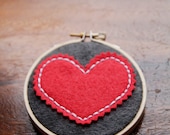 Embroidery Hoop Art. Red Stitched Heart on Grey Wall Art by Catshy Crafts