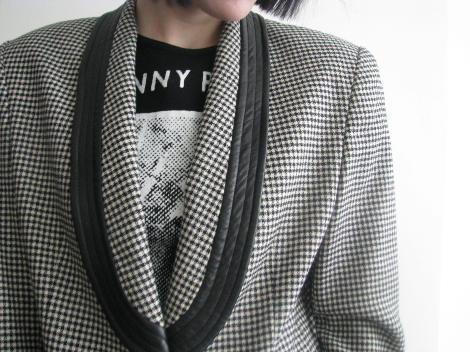 80s leather trim wool houndstooth blazer s/m