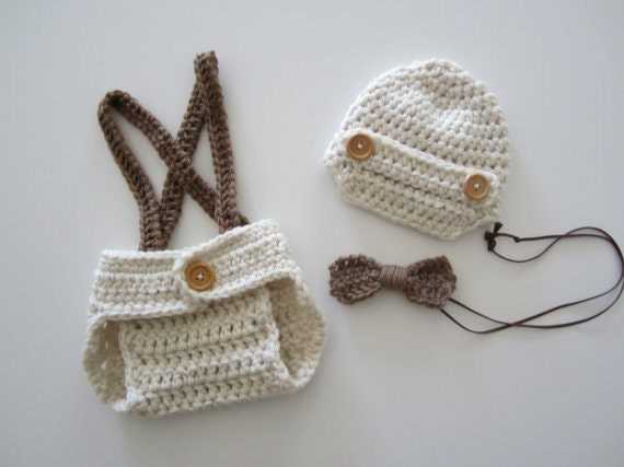 Crochet Newborn Baby Boy Photo Prop Set Cream Newsboy Hat Diaper Cover Light Brown Suspenders Bow Tie