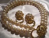 Kenneth J. Lane for Avon lion head double strand pearls and door knocker earrings