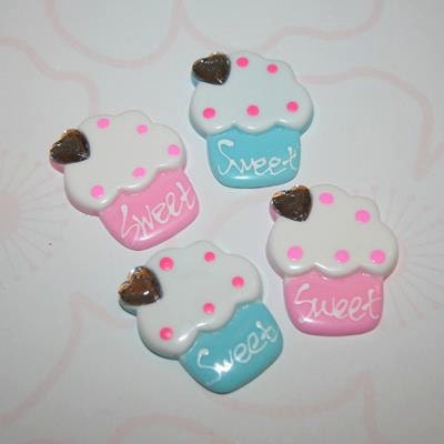 4 x Large Sized Pastel Blue and Pink Cupcakes Cabochon Flatbacks