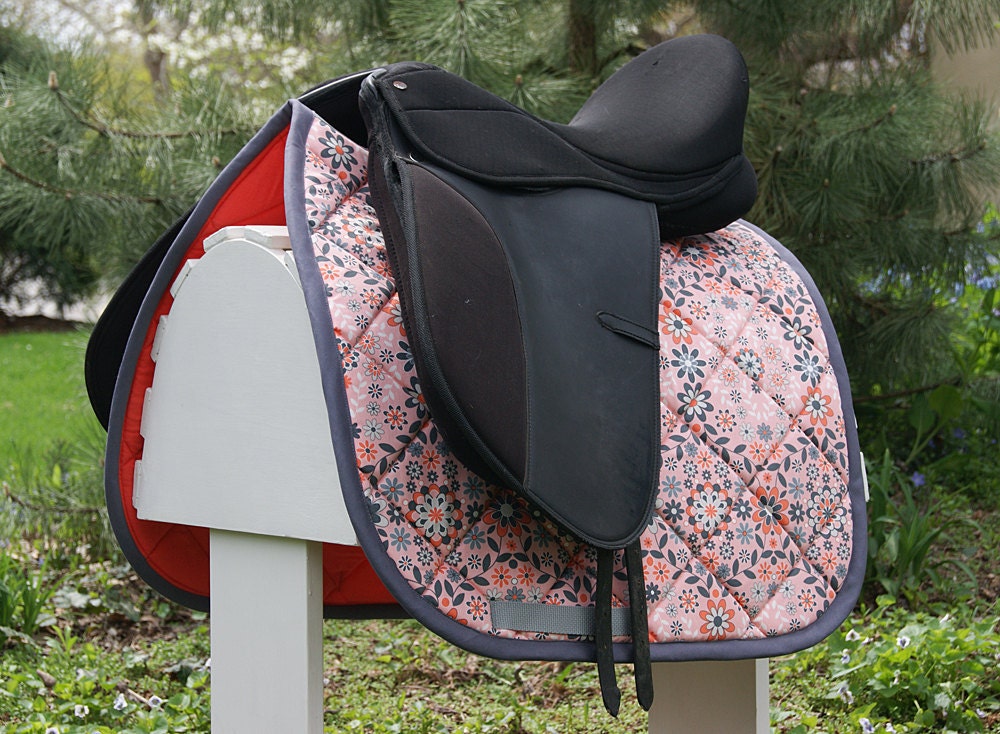 Ready To Ship - Coral and Gray Floral Dressage Saddle Pad