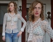 Vintage 90s Sheer Dusty Pink Polka Dot Deco Style Blouse
