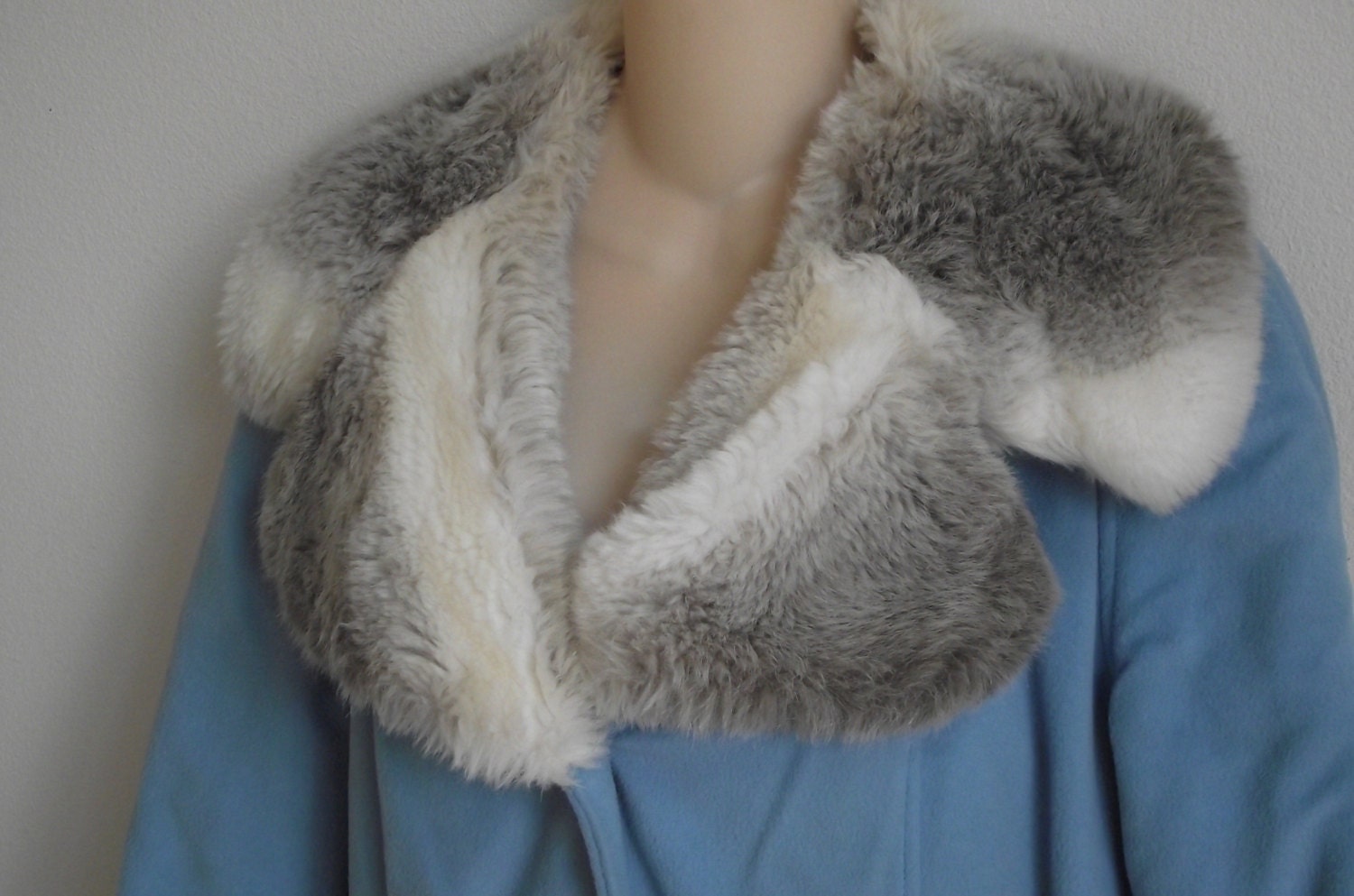 Vintage coat jacket faux fur pale blue trench style S M
