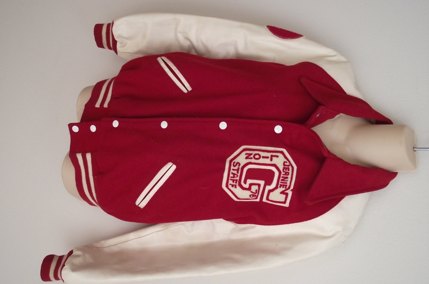 Vintage Letterman's jacket 1970's red wool and white L XL
