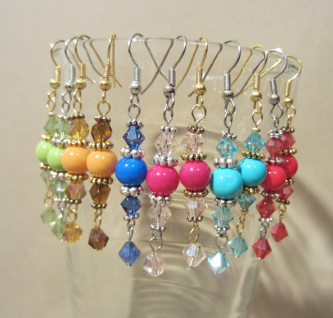 Gumball Glass Bead & Crystals Dangle Earrings in Gold or Silver