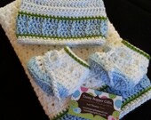 Baby Boy Gift Set, Crochet Baby Travel Blanket, Beanie Hat and Booties Gift Set in Blues