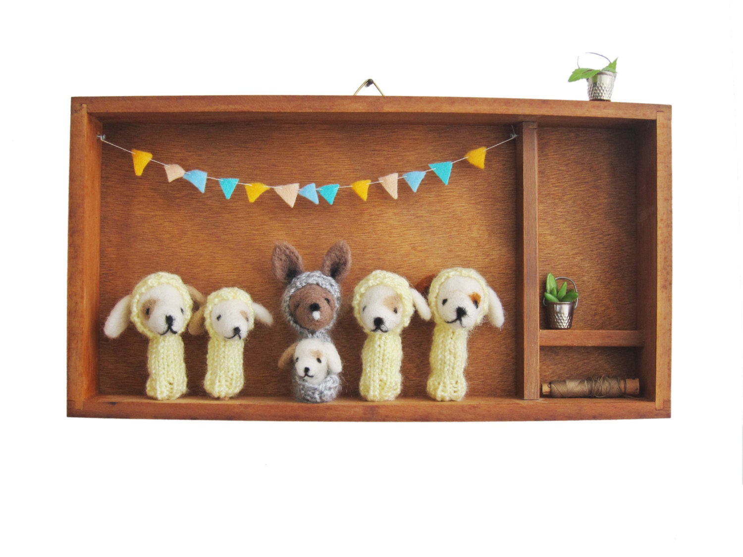 Puppy and Kangaroo FINGER PUPPET SET in a vintage shadow box, nursery art and an eco friendly toy for a baby or a kid