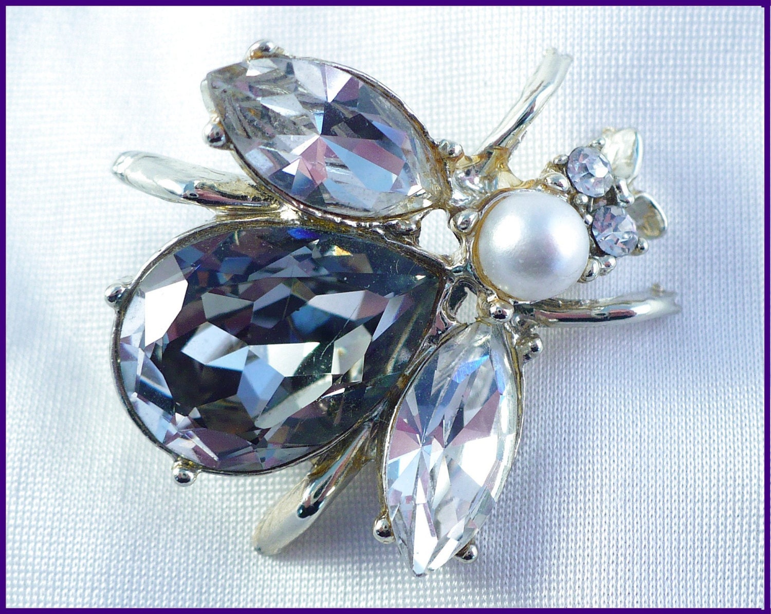 Vintage Rhinestone & Pearl Large Fly Brooch, Fun Figural