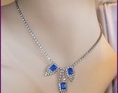 Vintage Royal Blue & Clear Rhinestone Necklace - Princess Cut