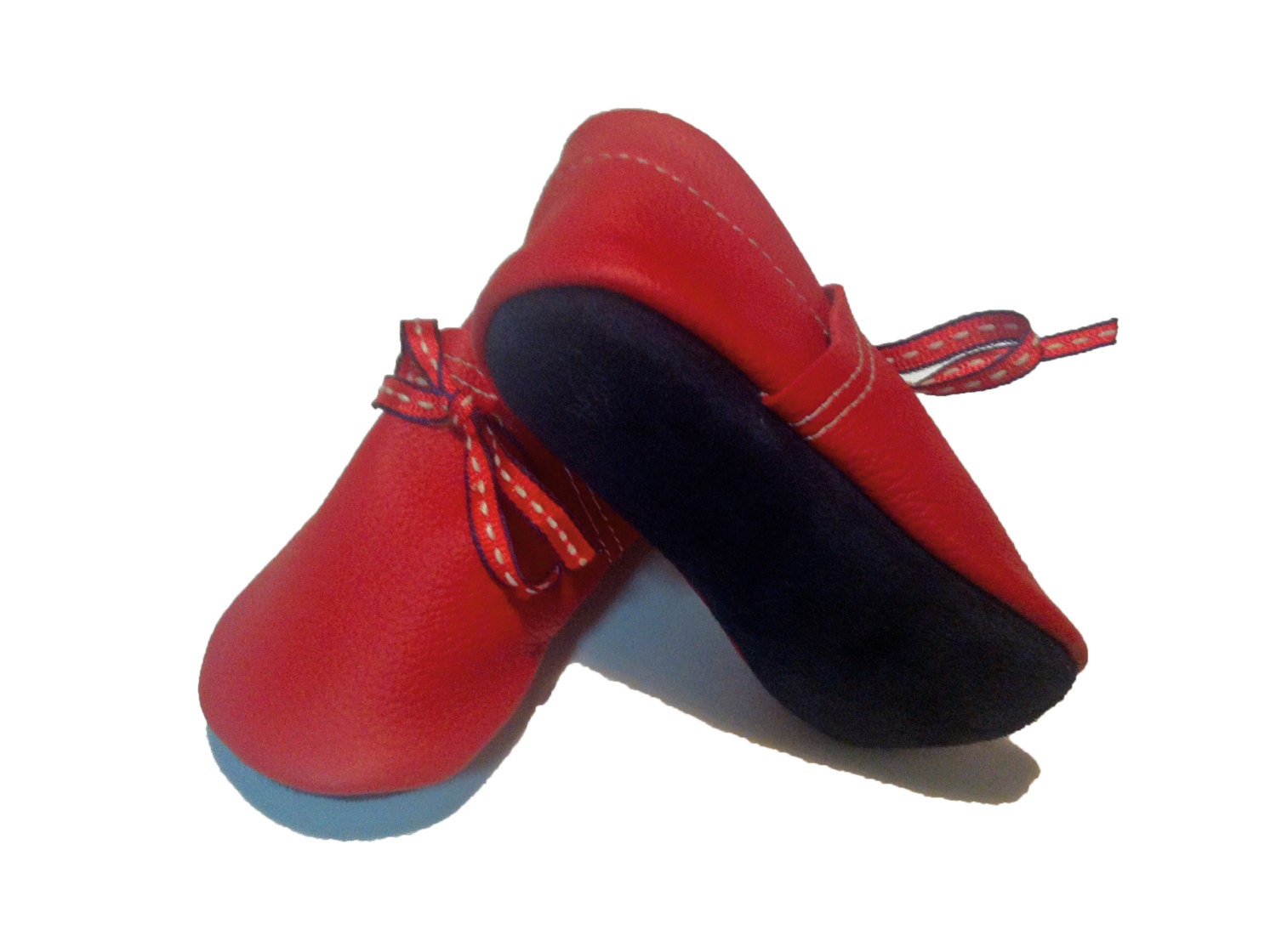 Navy and Red Lambswool lined soft sole leather baby and children's shoes, slippers, booties