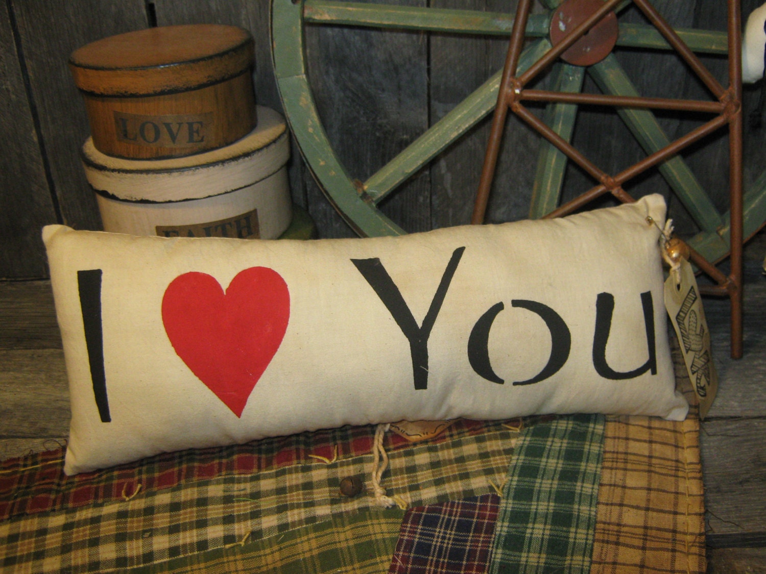 Primitive Large Holiday Love Pillow Tuck Valentine " I Love You "  Hand Painted  Pillow  Rustic  Housewares