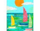 Regatta Sailboats 8x10 PRINT Sailboats Nautical Ocean Sea type collage    by Elizabeth Rosen