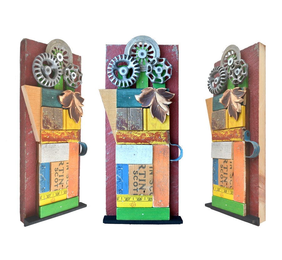vase with flowers (5) patchwork rustic industrial salvage mosaic ORIGINAL ART  by Elizabeth Rosen