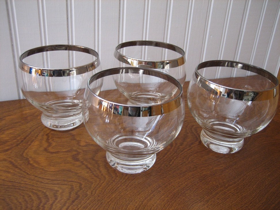 Mid Century Silver Rim Roly Poly Large Bowl Vintage Bar Glasses