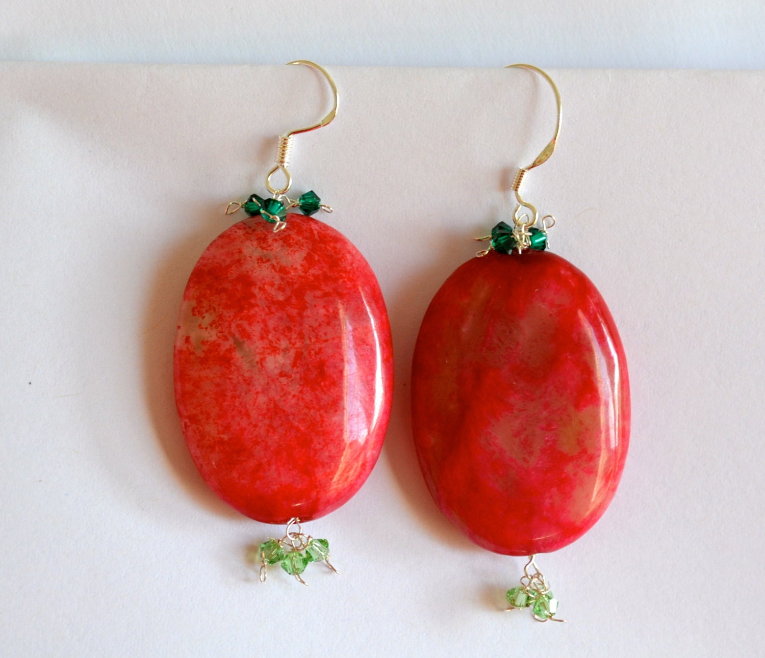 Large Ruby Red Earrings, Oval Quartz, Silver Post, Green Crystal Beads, Hand Made, Irem No. S200