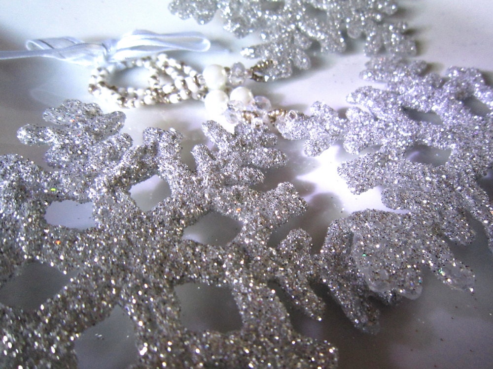 Silver Snowflake Sparkle - Set of 3 Christmas Ornaments with Crystal Rondelle and Pearl Beaded Hangers