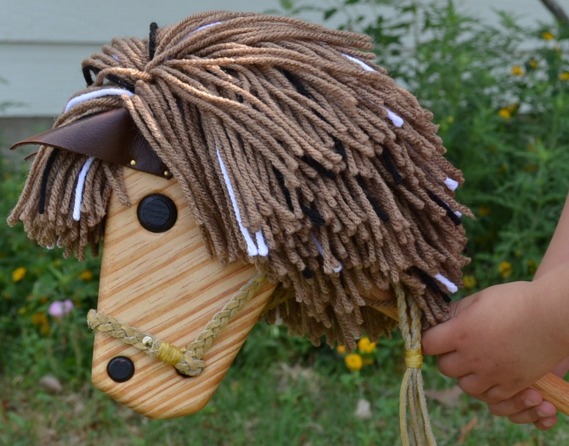 Wooden Hobby Horse, Med. Brown with White/Black Highlights, Outdoor and Indoor Pretend Play
