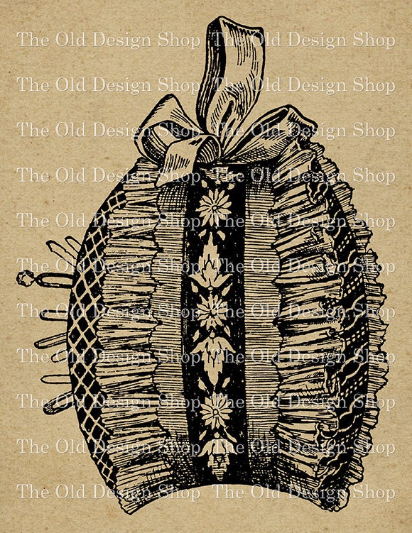 Victorian Pincushion Black and White Vintage Clip Art Printable Digital Scan Stock Image for Fabric Transfers Mixed Media Graphic Design ETC