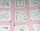 Vintage Embroidered Baby Crib Quilt 34x41 c 1950