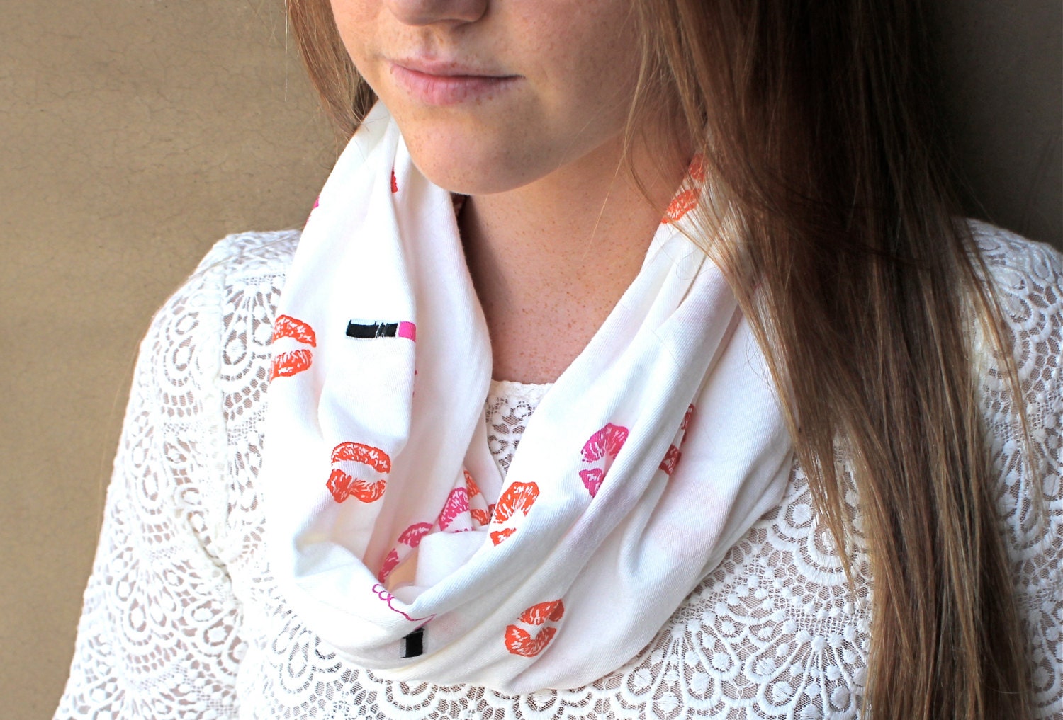 Lip Cowl Scarf, Circle Scarf, I Love this Lip Scarf, White, Pink, Orange, Red