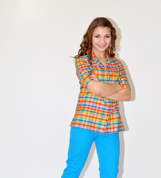 Vintage Bright Checkered Shirt Round Collar FUN Summer Colors