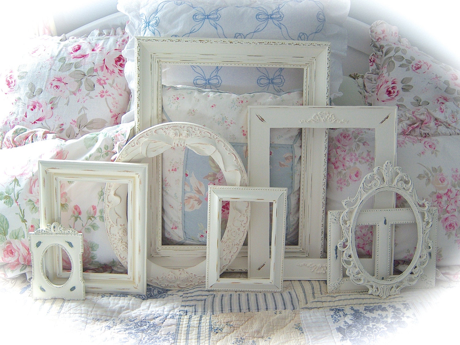 TREASURY ITEM Shabby Vintage Distressed Ornate Off White Cream Carved Gesso Wedding Family Picture Photo FRAMES Set of 8