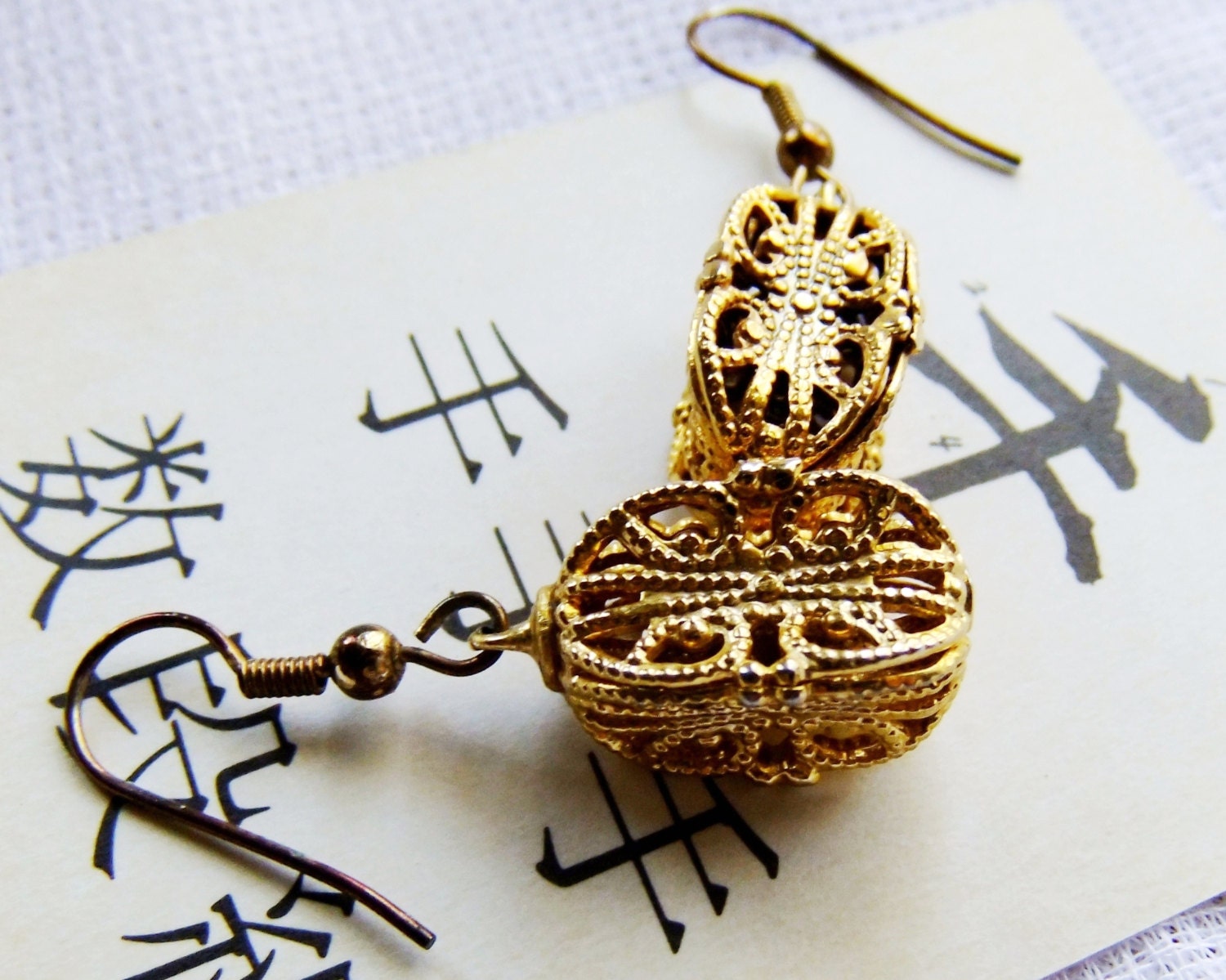 Vintage Gold Tone Filigree Drop Earrings with Copper or Brass Shepherds Hook