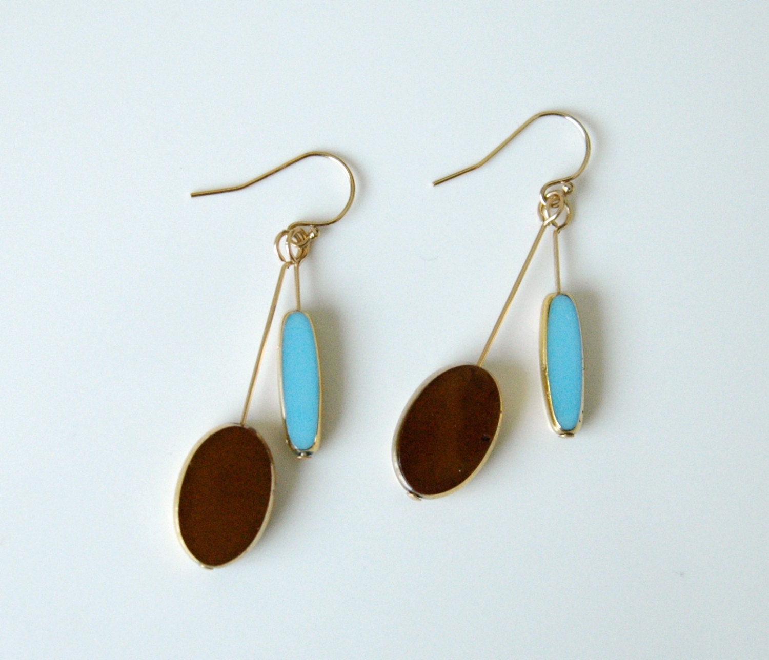 German Glass and Gold Earrings // brown and light blue mid century // LilahV